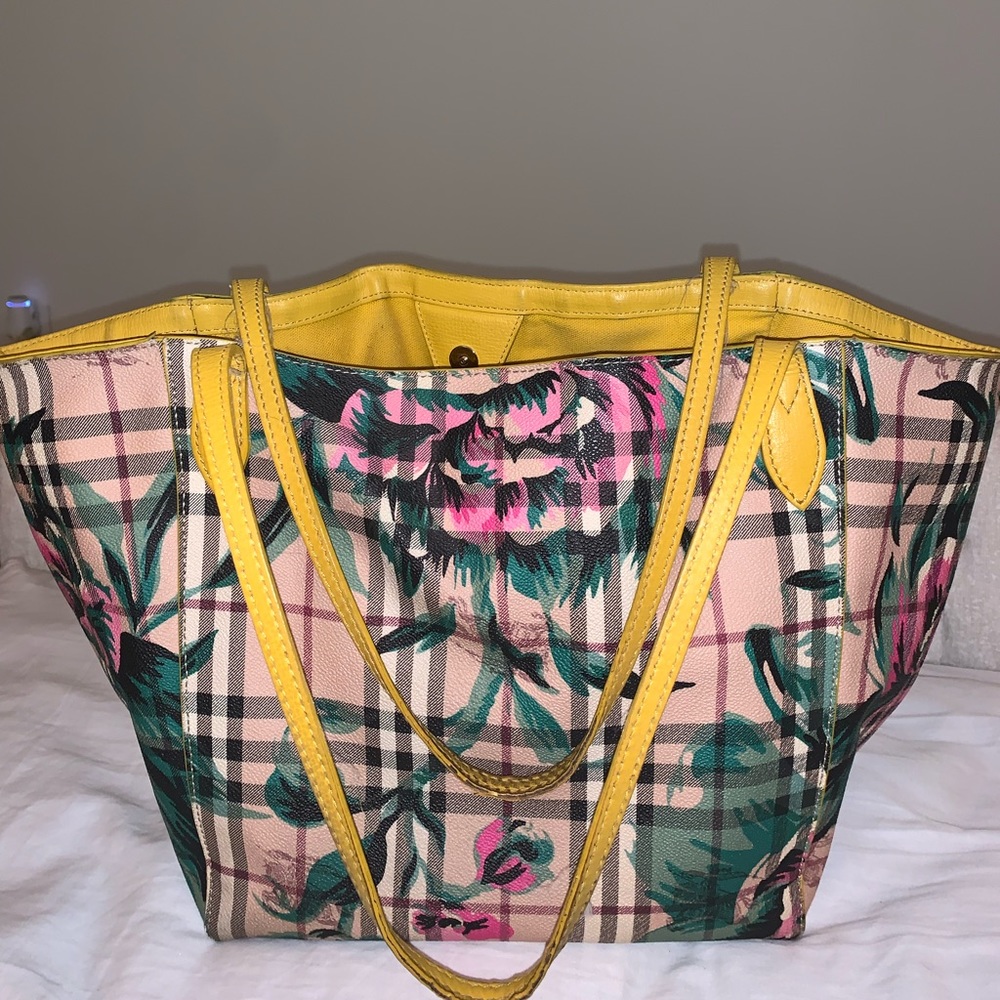 Burberry Haymarket Check Floral Print Small Canterbury Tote Yellow